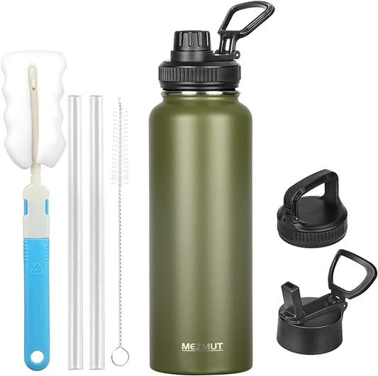 Insulated Water Bottle with Straw&3 Lids 40oz Stainless Steel Water Bottles Sports Metal Water Bottle Double Walled Vacuum Insulated Bottles Thermos Leak-Proof Travel Thermal (Army Green)