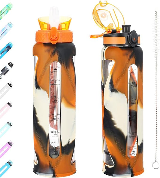 GOPPUS Glass Water Bottles with Straw and Flip Lid, Motivational Water Bottles with Time Marker Reminder and Silicone Sleeve, Leakproof, BPA Free (32 oz, Leopard Orange)