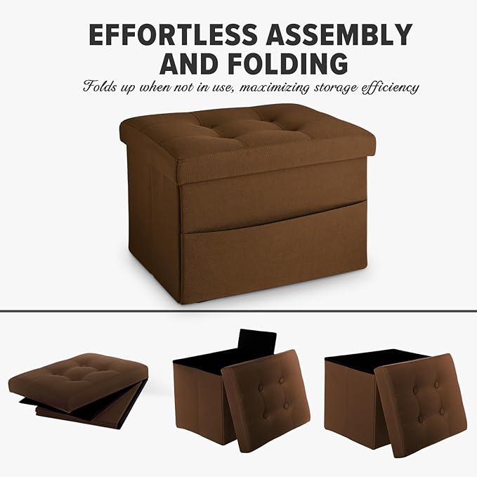LINMAGCO Storage Ottoman Folding Foot Stool Foot Rest with Side Pocket Modern Ottoman with Storage Short Sofa Stool Linen Cloth 17x13x13(Brown)
