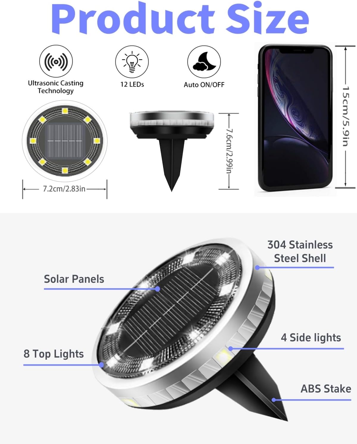 Solar Ground Lights Outdoor 12 Pack Waterproof Upgraded Flat Solar Garden Lights with 4 Side Light Stainless Steel Solar Powered Disc Light for Walkway Pathway Landscape Lawn Yard - Cool White
