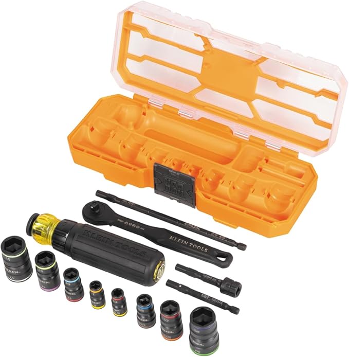 Klein Tools 65242 KNECT Impact Socket Set, Ratcheting Screwdriver Set, 1/4-Inch Drive, SAE and Metric Flip Sockets, 16 Hex Sizes, Adapters, MODbox Case
