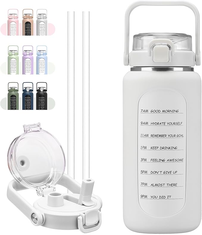 BLUEGO 64oz Insulated Water Bottle with Straw and Handle Leakproof Half Gallon Wide Mouth Motivational Water Bottle, 2-IN-1 Straw Spout Lid Stainless Steel Water Jug for Sport Travel Gym-White