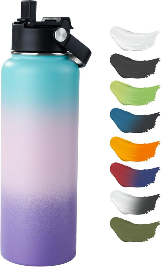 Kerilyn Stainless Steel Insulated Water Bottle, 40oz Double Wall Vacuum Insulated Water Bottle Leak Proof with Silicone Straw, Wide Mouth Lid, BPA Free, Keep Cold and Hot, 40oz, Pink Gradient