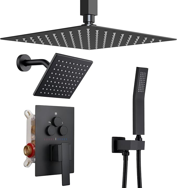 Dasan Matte Black Dual Shower Heads System with Ceiling 12-Inch Rainfall Shower & Wall Mount 6-Inch High Pressure Shower Head, Full Body Dual Shower Set with Handheld Sprayer, 3-Function Shower Faucet