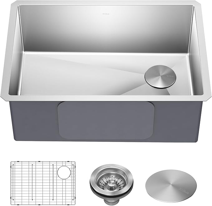 Kraus KHU110-27 Standart PRO 27-inch 16 Gauge Undermount Single Bowl Set (5 Item Bundle: Sink, Bottom Grid, Assembly, Drain Cap, Kitchen Towel), 27 Inch, Stainless Steel
