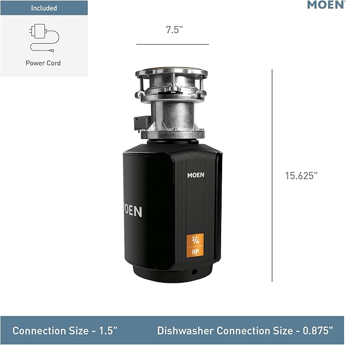 Moen Host Series Garbage Disposal for Kitchen Sink with Power Cord, Control Activation, Sound Reduction, GXB75C