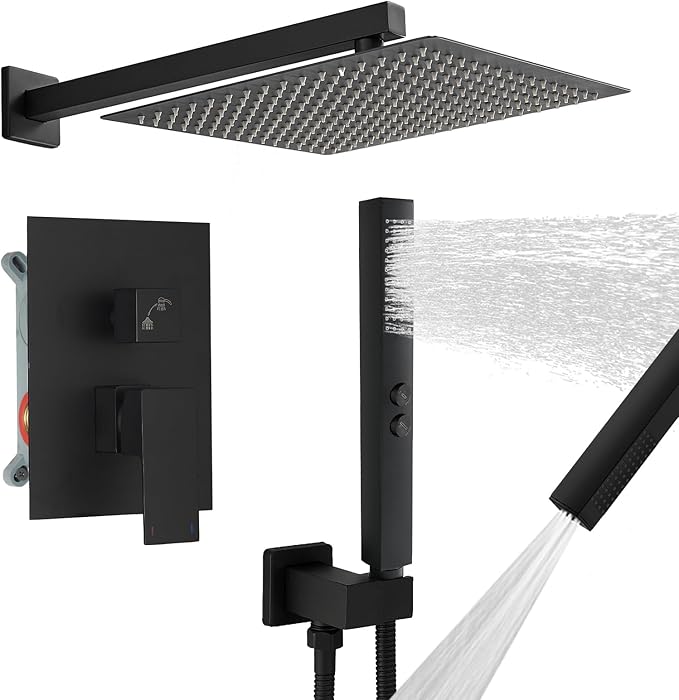 RUMOSE Matte Black Rainfall Shower System Fixture 12 Inch High Pressure Square Shower Head with 2 in 1 Handheld Spray Wall Mount Brass Bathroom Shower Faucet Set with cUPC Certified Rough-in Valve