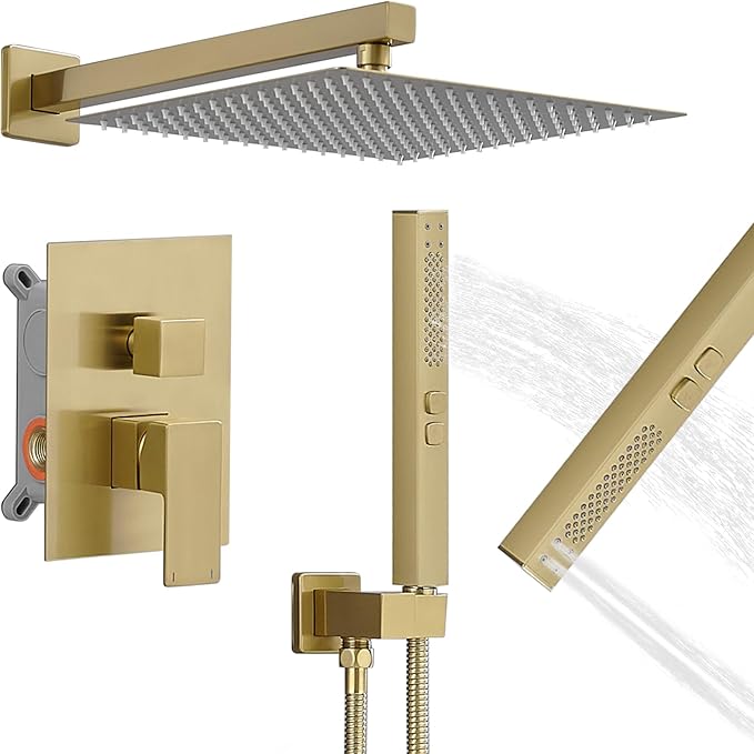 RUMOSE Brushed Gold Rainfall Shower System 12 Inch High Pressure Square Shower Head with 2 in 1 Handheld Spray Wall Mount Brass Bathroom Shower Faucet Set with cUPC Certified Rough-in Valve
