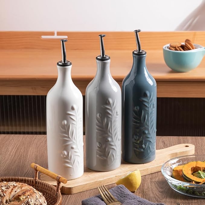 Sweejar Large Olive Oil Dispenser Bottle with Spout, 24 Oz Ceramic Oil Dispenser for Kitchen, Relief Opaque Oil Cruet, Oil Container for Cooking, EVOO, Avocado Oil, Vinegar, Pack of 1(Gray)