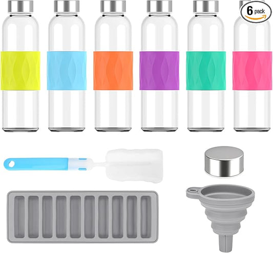 Clear Glass Water Bottles with Silicone Sleeve and Lids 18 oz, Reusable Glass Juice Bottles with Stainless Steel Airtight Cap for Juicing, Leak Proof Drinking Bottles, BPA Free, Set of 6