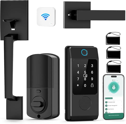 WiFi Front Door Lock Set - Miuedo Keyless Entry with Handle Keypad, Smart Deadbolt, Fingerprint, Auto Lock, Code, Fob, Remote Control - Black