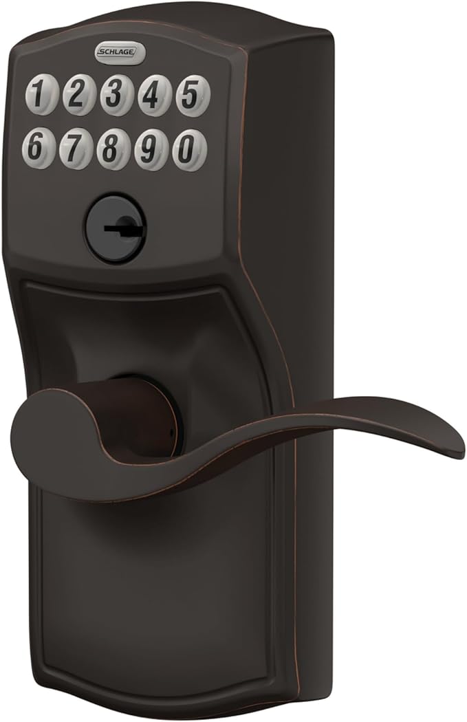 SCHLAGE FE595 CAM 716 ACC Camelot Keypad Entry with Flex-Lock and Accent Levers, Aged Bronze