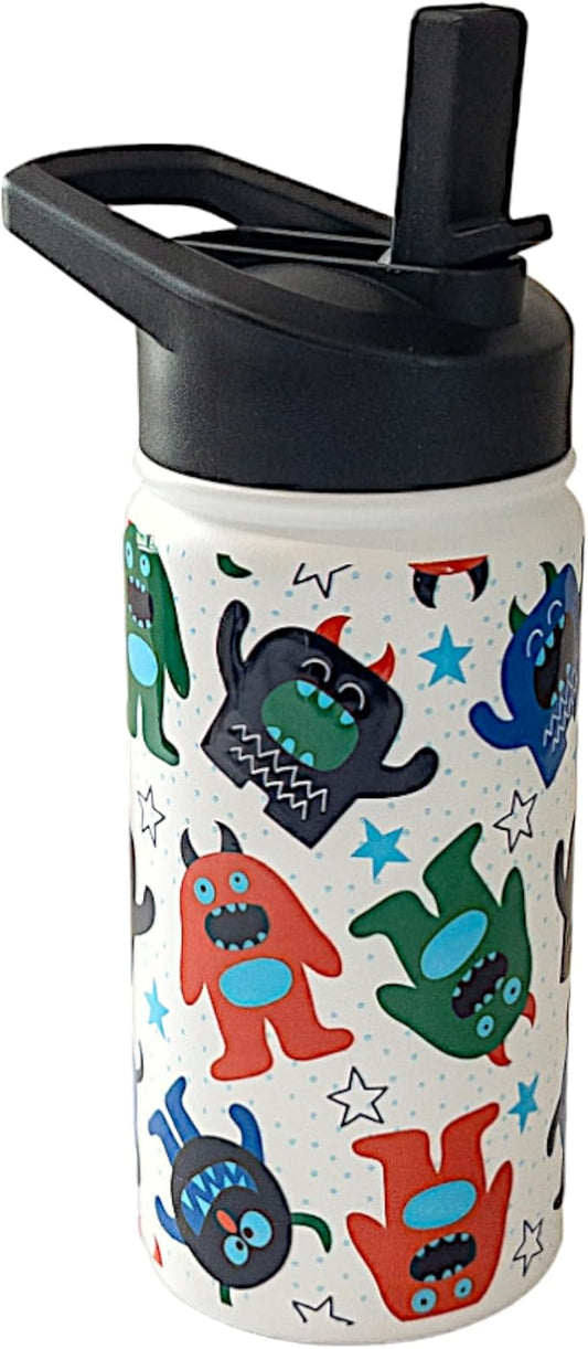 Biddlebee Kids Water Bottle with Straw Lid | 14oz Insulated Stainless Steel Reusable Bottles for School | Leak Proof Cap with Handle & Touch Free Spout | Great for Boys & Girls