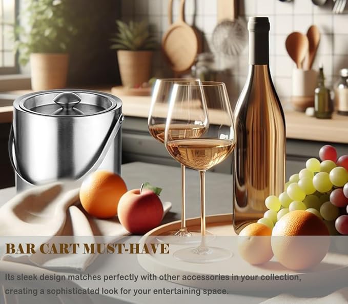 Ice Bucket with Lid, Handle and Tong Insulated Stainless Steel Champagne Bucket 3L Wine Bucket for Party Bar Cart Accessories Large Double Wall Bucket Keep Frozen