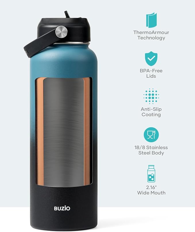 BUZIO Water Bottle with Straw Lid and Flex Cap, 40oz Double Vacuum Stainless Steel Water Flask, Cold for 48 Hrs Hot for 24 Hrs Simple Thermo Canteen Mug, Indigo Black