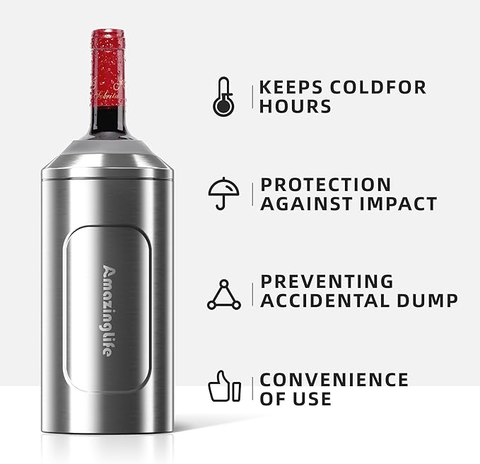 Wine Chiller Bucket, Portable 750ml Champagne & Wine Bottle Cooler, Stainless Steel Vacuum Insulated, Keeps Wine & Beverages Cold, Perfect Gift for Wine Lovers