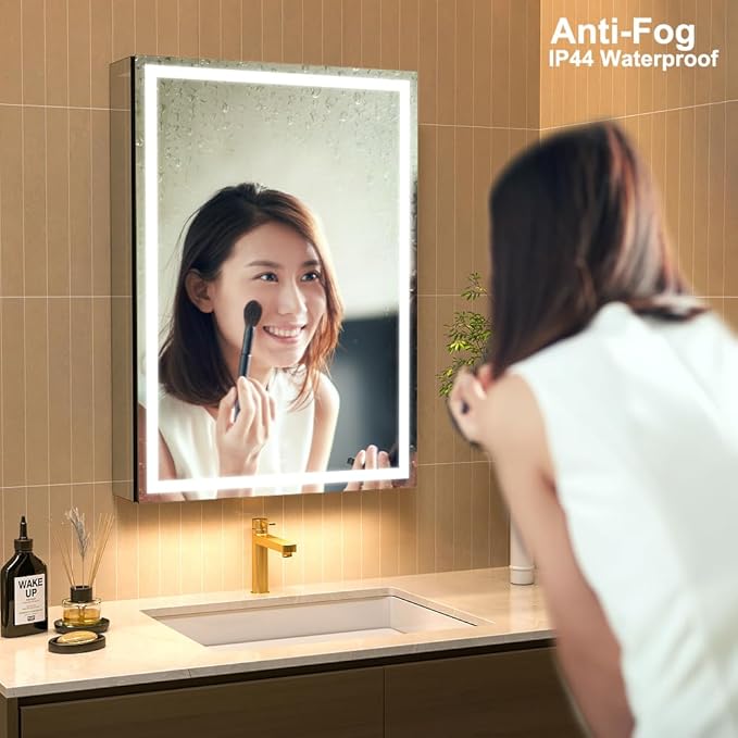 LED Lighted Bathroom Medicine Mirror Cabinet with Sockets & USBs, Anti-Fog Dimmable Light and Color Adjustment, Antirust and Easy to Install Aluminum Cabinet (Right Hinge, 28" L x 20" W)