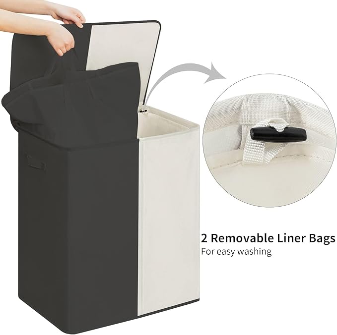WOWLIVE Double Laundry Baseket with Lid and Removable Laundry Bags,154L Large Laundry Hamper 2 Section Collapsible Dirty Clothes Hamper for Laundry Room,College Dorm,Bathroom,Black and Beige
