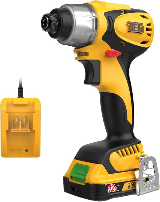 12V Cordless Impact Driver Kit, DEGLASERS 1/4-inch Hex,4 Speed Brushless Impact Drill/Driver Set with LED Light, Battery and Charger Included