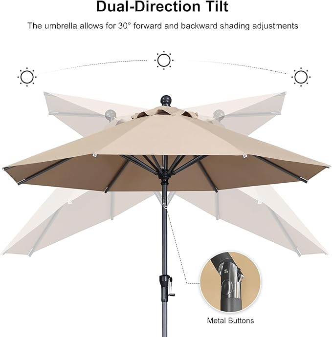 PURPLE LEAF 10' Round Patio Umbrella Outdoor Table Umbrella Aluminum Frame Market Umbrella Sun Umbrella with 8 Sturdy Ribs Tilt for Garden Deck Lawn Pool Taupe