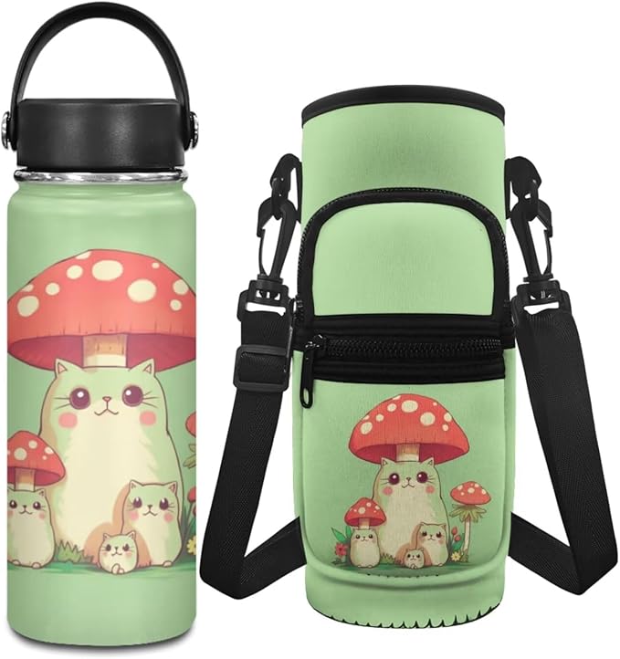 Mushroom Insulated Water Bottle 18 OZ and Water Bottle Carrier Bag Set Stainless Steel Water Bottle for Girls 6-8/4-6 Frog Water Bottle Sleeve