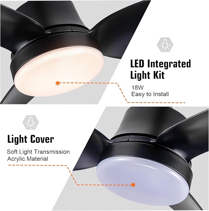 Black small Ceiling Fan with Light 24-Inch, Remote Control, 3-Color Dimmable, Reversible, 6-Speed - Ideal for Kitchen, Bedroom, Balcony, Study - Easy Installation