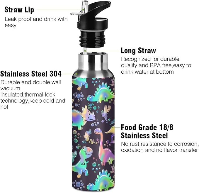 senya 20 Oz Water Bottle with Straw Rainbow Dinosaurs Stainless Steel Water Bottle for Traveling Sports Leakproof Insulated Water Bottle