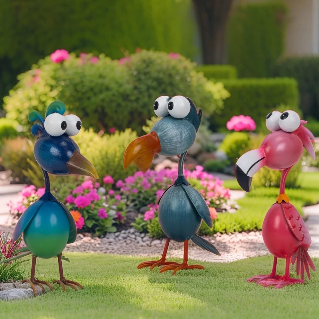 Kircust Outdoor Metal Bird Yard, Garden Decor for Outside Flamingo/Peacock/Pelican Decorations Art Statues, Lawn Ornaments for Courtyard, Patio, Backyard, Porch, Set of 3