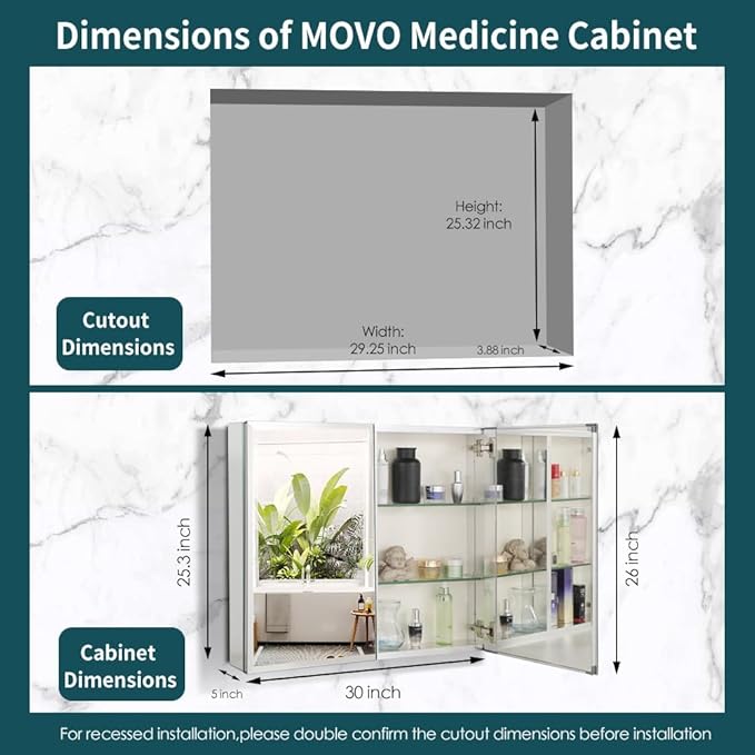 Movo Double Doors Medicine Cabinet with Mirror, 30 inch X 26 inch Aluminum Bathroom Medicine Cabinet, Adjustable Glass Shelves, Waterproof and Rust-Resist, Recess or Surface Mount