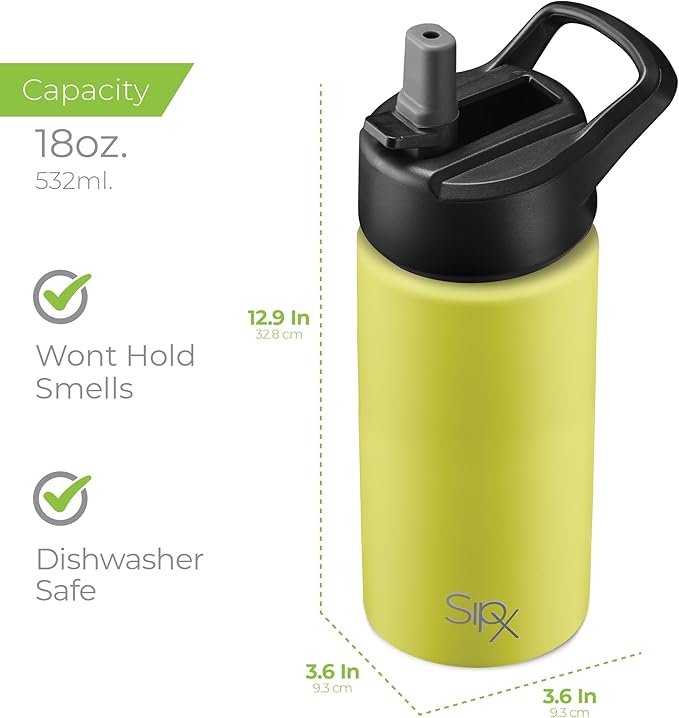 SipX™ Triple-Insulated Stainless Steel Water Bottle 18oz. With 3 Lids, BPA-Free Reusable Insulated Water Bottle Keeps Cold 24 Hours, Metal Water Bottle Made Of Sustainable Material For Hiking & Biking