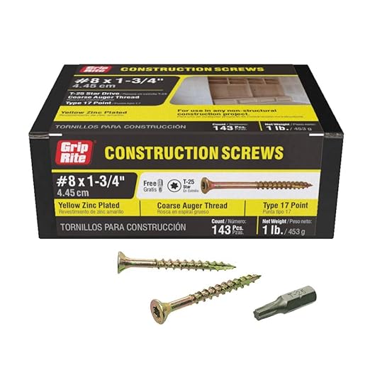 Grip Rite Prime Guard 134GCS1 T25 Star Drive Construction Screws with Type 17 Tip 1-Pound Box, 8 by 1-3/4"