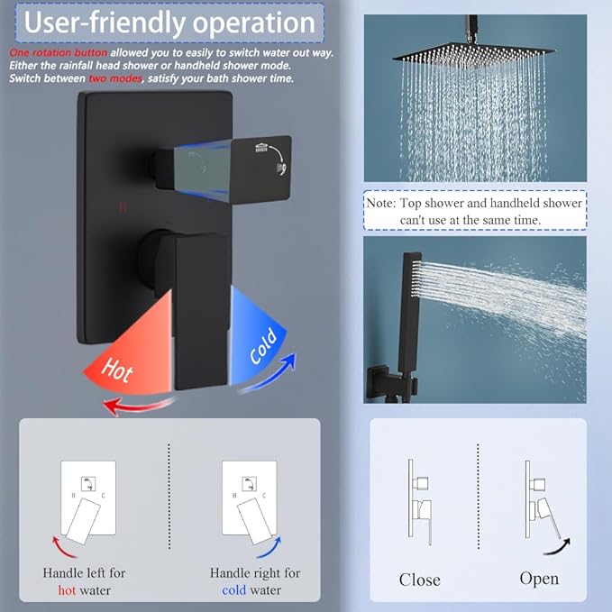 16 Inch Matte Black Ceiling Mount Shower System Bathroom Luxury Rain Mixer Shower Combo Set Ceiling Rainfall Shower Head System Faucet Contain Rough-in Valve and Trim Included