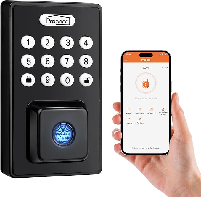 Probrico Smart Fingerprint Door Lock for Front Door, Keyless Entry Door Deadbollt Lock with Digital Keypad Code, Electronic Smart Deadbolt with App Control, Auto Lock, Bluetooth, Black