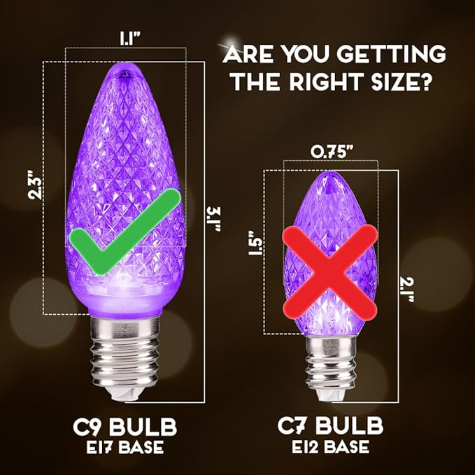 HLO Lighting Set of 25 Purple c9 Faceted LED Christmas Light Bulbs for Indoor & Outdoor Use | Durable Replacement Bulb