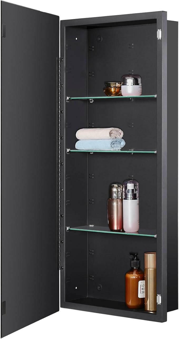 Black Bathroom Medicine Cabinet with Beveled Edge Mirrored Door 16 x 36 inch, Recessed or Surface Mount, with Adjustable Glass Shelves