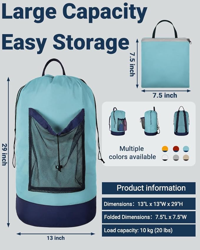 Laundry Bag with Shoulder Straps and Mesh Pocket Laundry Backpack Large Portable Laundry Hamper for College Laundromat Apartment