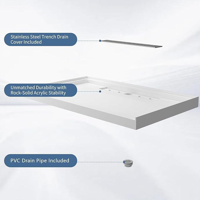Acrylic Shower Base with Left or Right Drain, Single Threshold, Rectangular Shower Pan, Slip-Resistant Textured Surface,Includes Stainless Steel Chrome Trench Cover (white, 60"×32"×4")