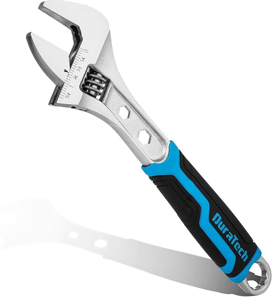 DURATECH 10 Inch Adjustable Wrench, 3-in-1 Spanner with Box End/Hex Function, CR-V Steel, Metric & SAE Scales, Chrome-plated, Bi-material soft Grip