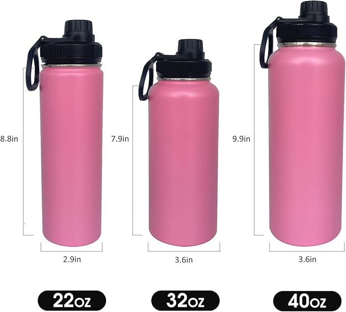 4pack 22 oz Insulated Water Bottle With Straw, Stainless Steel Sports Water Cup Flask with 2 Lids, Wide Mouth Travel Thermal Mug,Pink