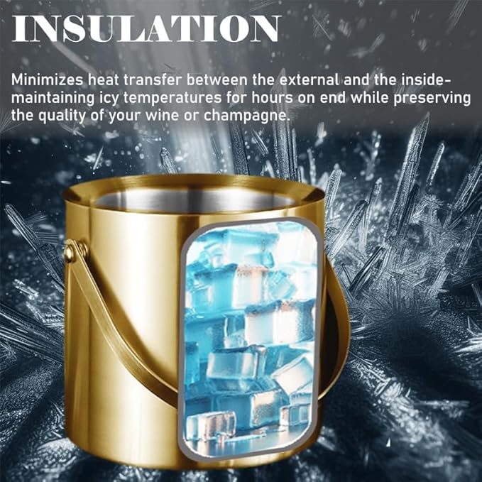 Gold Ice Bucket with Lid, Handle and Tong Insulated Stainless Steel Champagne Bucket 3L Wine Bucket for Party Bar Cart Accessories Large Double Wall Bucket Keep Frozen
