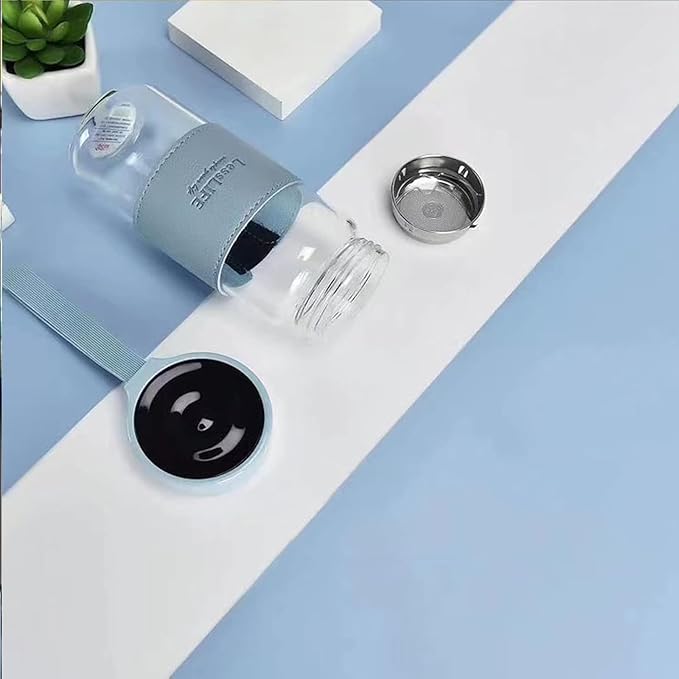 Snminetal 16 oz Borosilicate glass water bottle-with sealing cap and Holsters and filters Reusable Portable Glass drinking Bottle Apply to Make tea, coffee, office Go To School (Pink+Green)