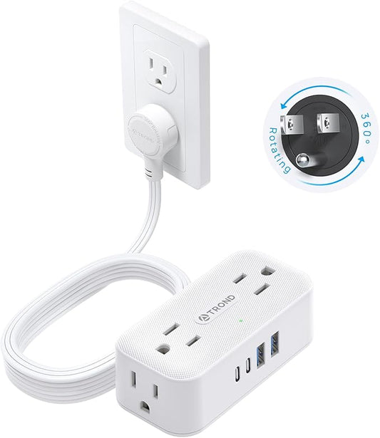 TROND 360° Rotating Flat Plug Power Strip, 10FT Extension Cord with 4 USB Ports, 4 Wide Spaced AC Outlets, Wall Mount, Surge Protector Power Strip for Office Travel Dorm Room Essentials, White