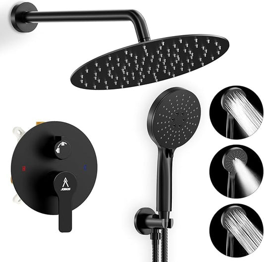 Shower Faucet Set 12IN Brass Rough-In Valve Body Trim Kit Rainfall Included Handle Accessories Complete 2 Functions with Rain Head and Handheld Bathroom Systems (12'', Matte Black)