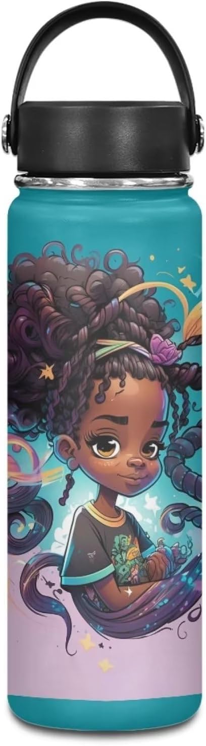 Afro American African Water Bottle 18 oz Insulated Water Bottles with Handle Flask Wide Mouth Bottle Vacuum Stainless Steel Metal Water Bottle for Sports, Gym, Office