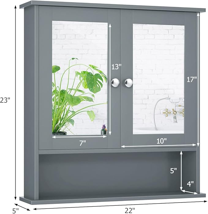 Tangkula Bathroom Medicine Cabinet with Mirror, Wall Mounted Wooden Hanging Organizer with Doors and Shelves, Bathroom Wall Mirror Cabinet (Mirror Doors, Gray)