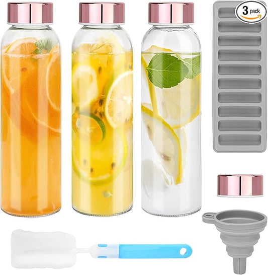 Glass Juice Bottles with Lids for Juicing 24 oz, Reusable Clear Glass Water Bottles with Stainless Steel Airtight Cap for Refrigerator, 100% Leak Proof, BPA Free, ECO Friendly, Set of 3, Pink