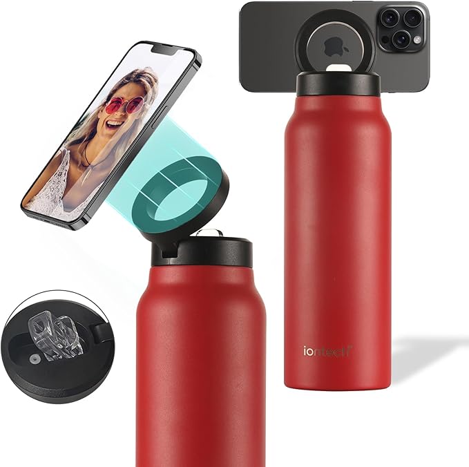 Insulated Water Bottle with Magnetic Phone Holder Compatible with MagSafe and iPhone, Stainless Steel Water Bottle Phone Mount For Sports Travel School, Hot 12H Cold 24H, 24oz (Red)