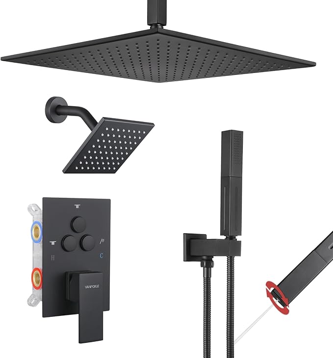 VANFOXLE Shower Faucet Set Matte Black Shower System,Push Button Diverter Shower Faucet with 2 in 1 Handheld,Ceiling Mount Increased Thickness 12 Inch Shower Head with 6 Inch Wall Mount Shower Head