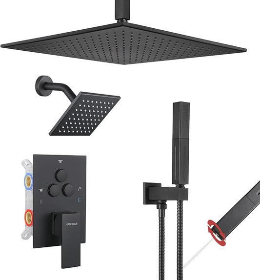 VANFOXLE Shower Faucet Set Matte Black Shower System,Push Button Diverter Shower Faucet with 2 in 1 Handheld,Ceiling Mount Increased Thickness 12 Inch Shower Head with 6 Inch Wall Mount Shower Head