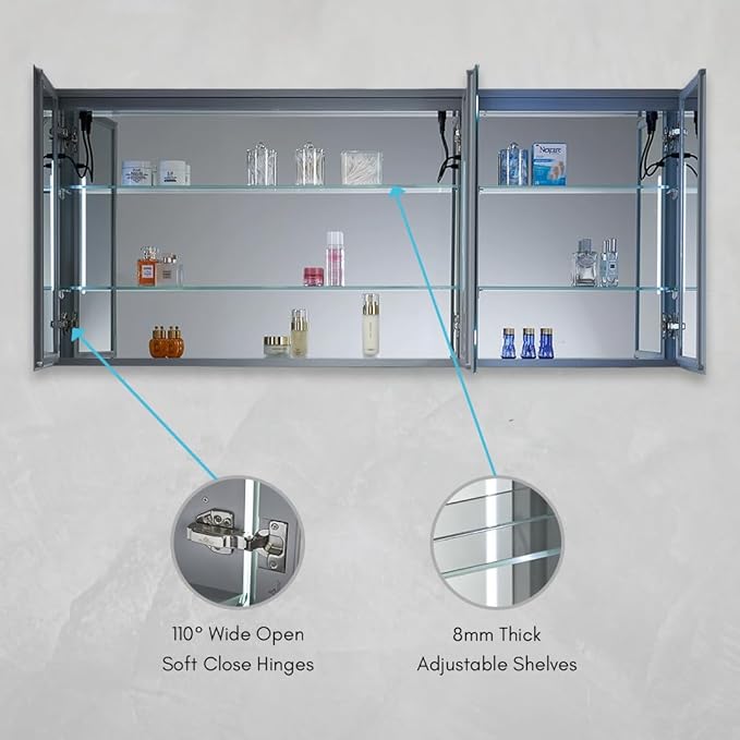 Blossom 60x26 LED Medicine Cabinet Mirror for Bathroom - Recessed/Surface Lighted Medicine Cabinet with Mirror - Anti-Fog, Dimmable 3 Color Makeup Mirror - Wall Mounted Storage